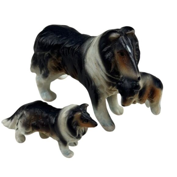 Lot of 2 Bone China Collie Dog Figurines Vintage Miniature Porcelain Figures - Picture 1 of 12